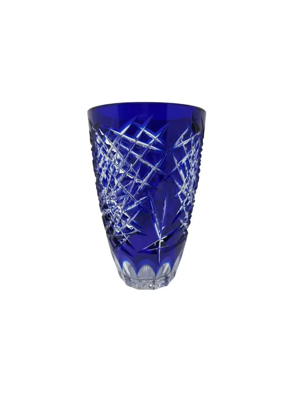 Vintage Cobalt Blue Cut to Clear Crystal Vase 8 Inch Bohemian Style